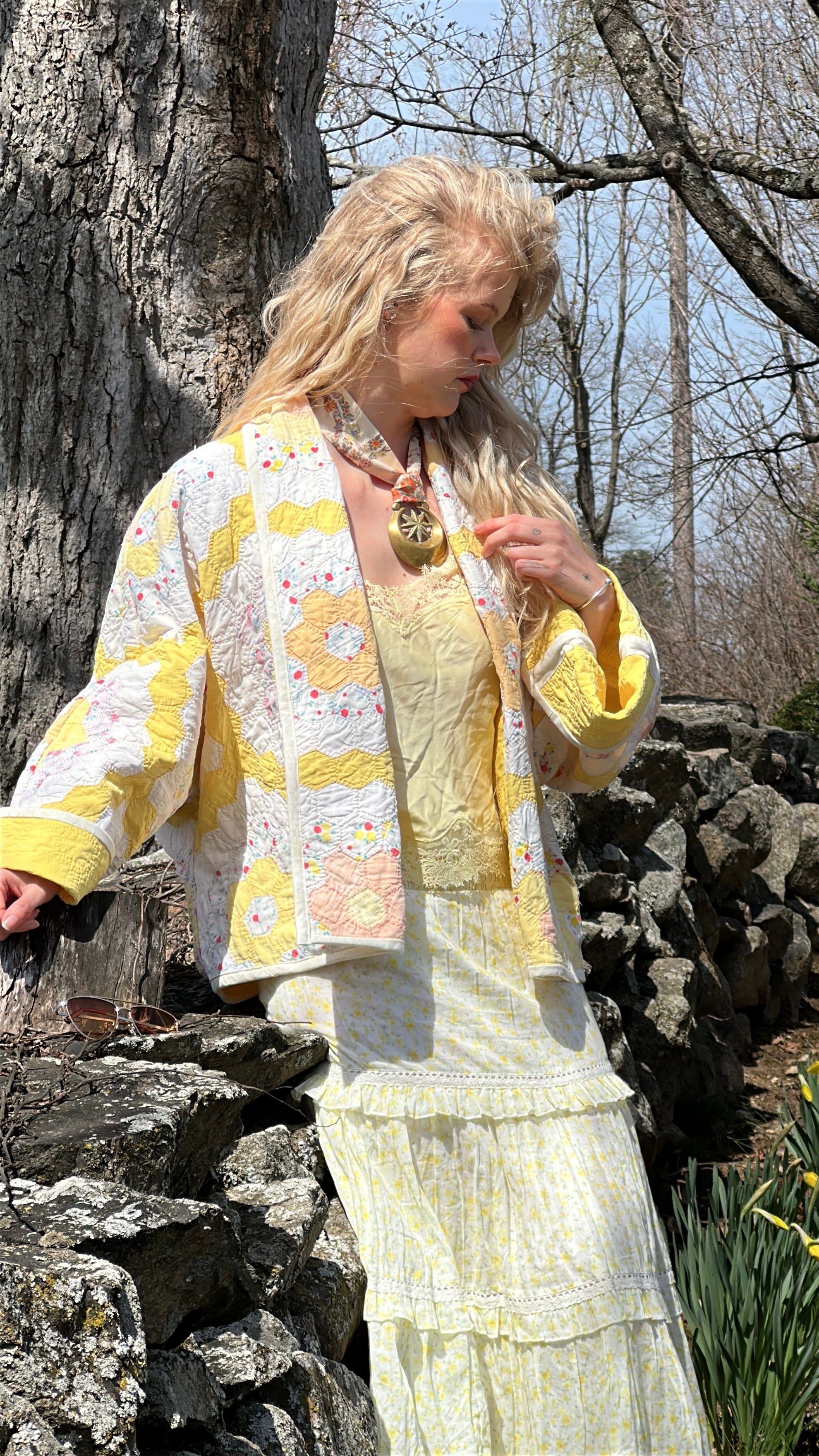 Pale Yellow Flower Garden Antique Quilt Swoop Coat
