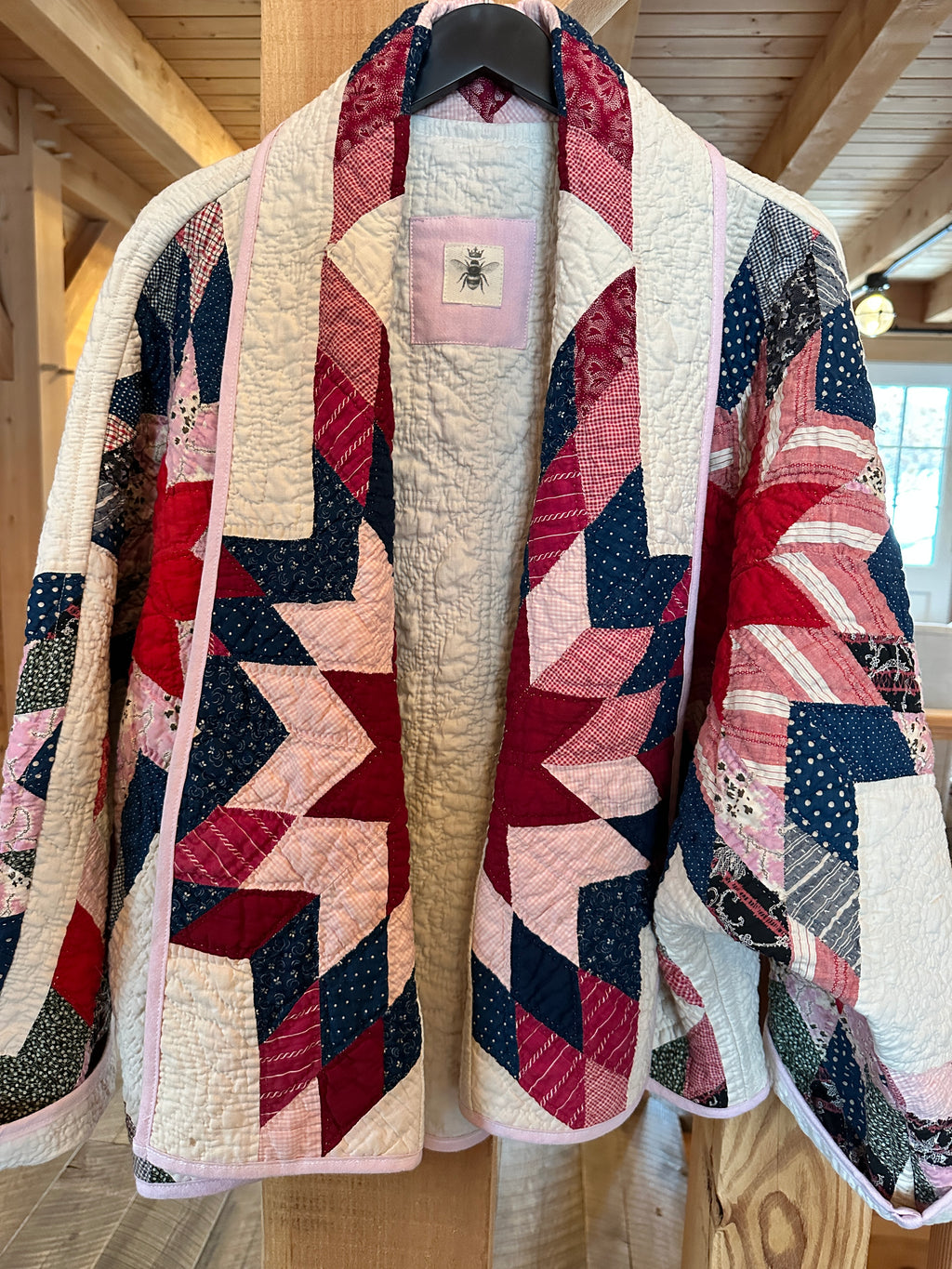 Crimson Starburst Vintage Quilt Swoop Coat