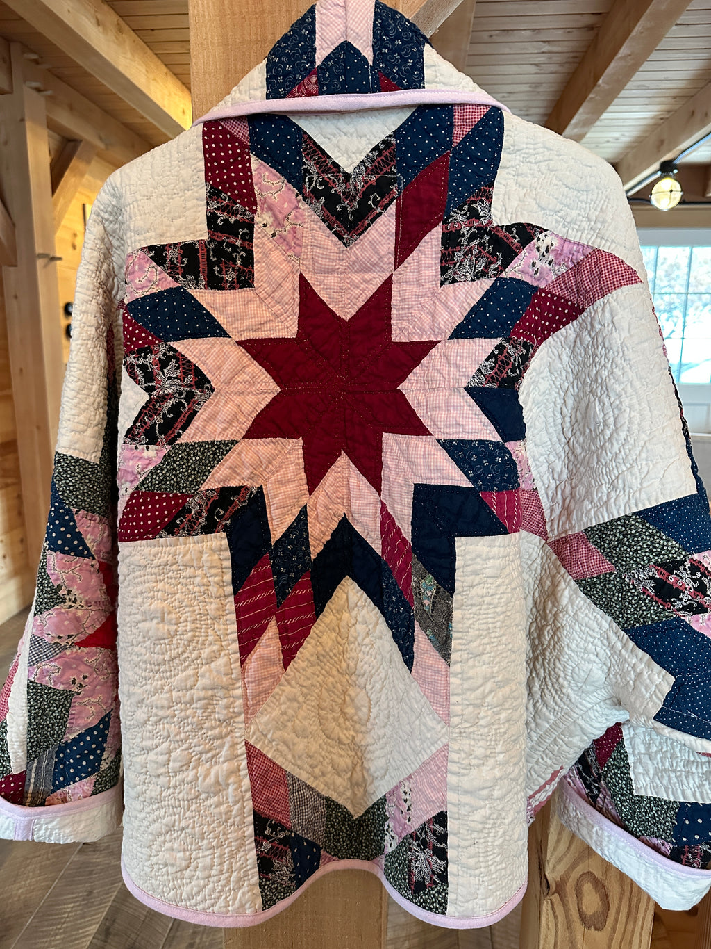 Crimson Starburst Vintage Quilt Swoop Coat