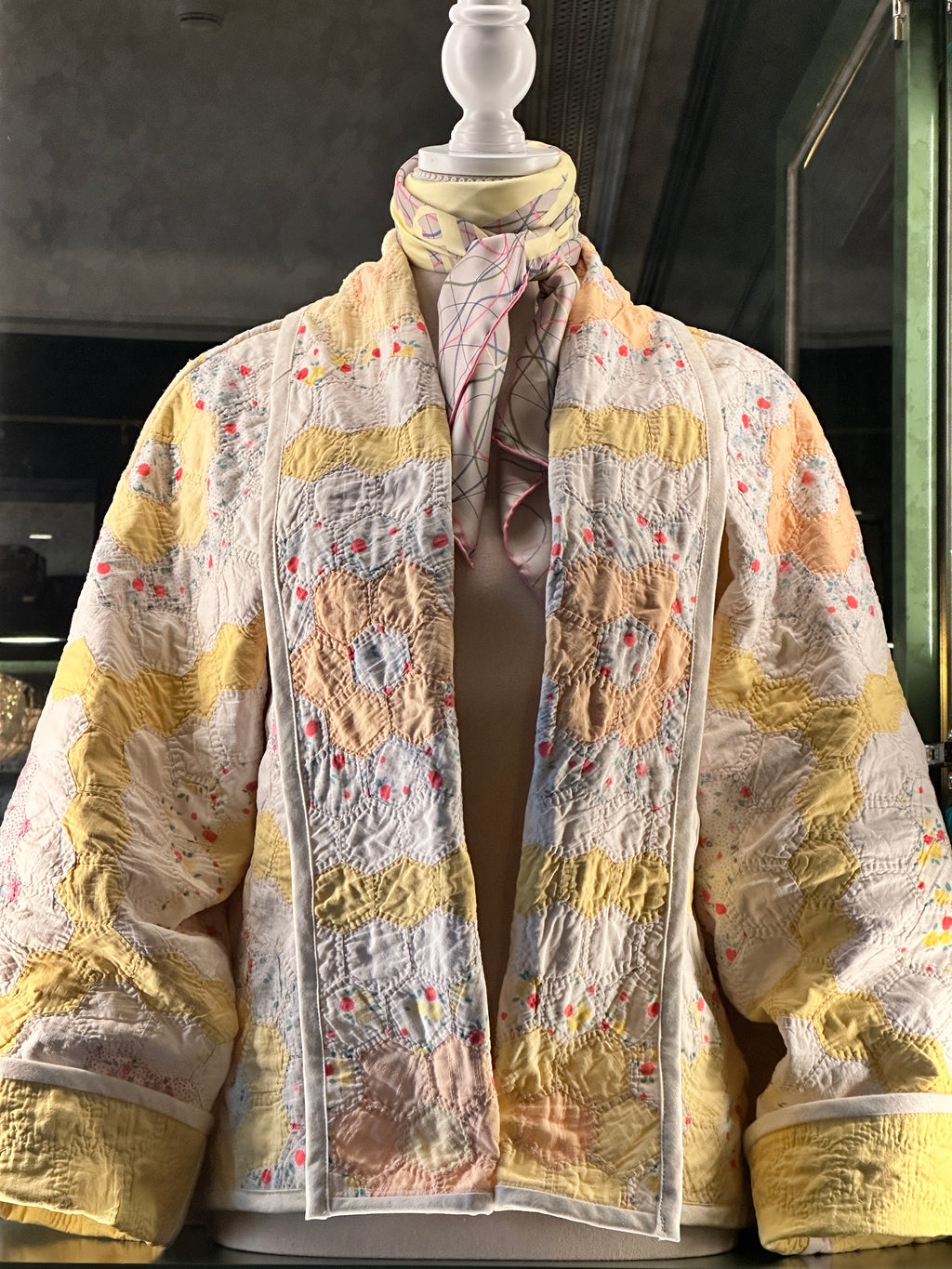 Pale Yellow Flower Garden Antique Quilt Swoop Coat